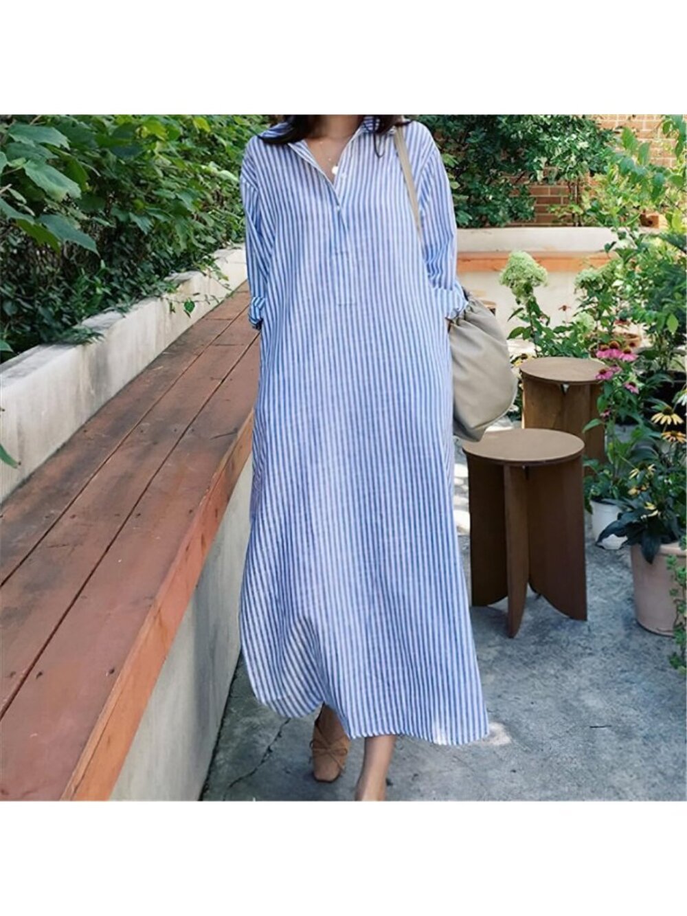 Casual Long Sleeve V-Neck Striped Maxi Dress with Pockets - Loose Cotton Shift - Picture 2 of 7